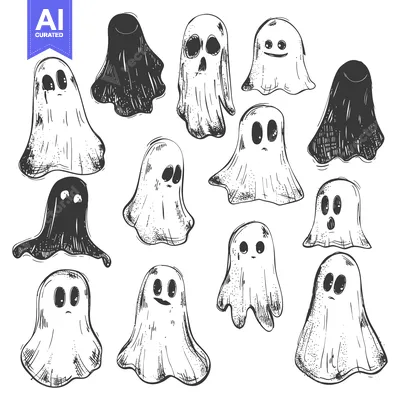 Aset premium populer: Hand-drawn Sketch of Spooky Halloween Ghosts in Various Poses