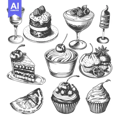 Premium design asset: Hand-Drawn Sketch of Sweet Treats and a Glass of Cocktail