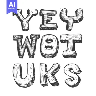 Aset desain premium: Hand-Drawn Sketch of the Word "YEW" in a Bold, Blocky Font