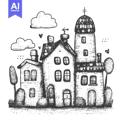 Aset premium populer: Hand-Drawn Sketch of Three Cartoon Houses with a Cloudy Sky