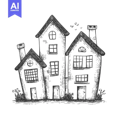 Aset premium populer: Hand-Drawn Sketch of Three Cartoon Houses with Chimneys