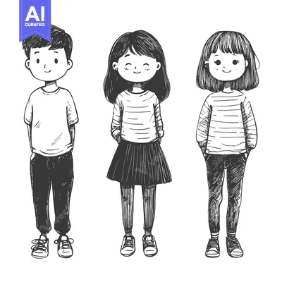 Premium design asset: Hand-drawn sketch of three children standing side-by-side