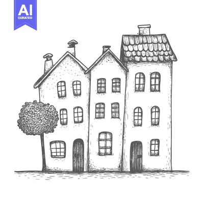 Aset desain premium: Hand-Drawn Sketch of Three Connected Houses with a Tree