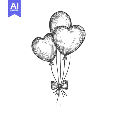 Aset premium populer: Hand-Drawn Sketch of Three Heart-Shaped Balloons Tied with a Bow