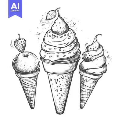 Aset premium populer: Hand-Drawn Sketch of Three Ice Cream Cones with Toppings