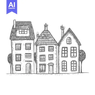 Popular premium asset: Hand-drawn sketch of three quaint houses with detailed windows and doo