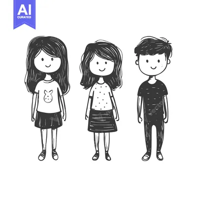 Aset desain premium: Hand-drawn Sketch of Three Smiling Children