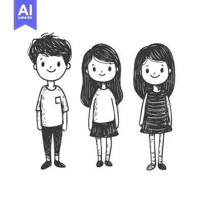 Hand-drawn Sketch of Three Smiling Children in Casual Outfits