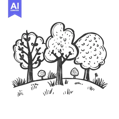 Aset desain premium: Hand-drawn Sketch of Three Trees and Grass in a Woodland Setting