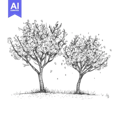 Aset premium populer: Hand-Drawn Sketch of Two Blooming Trees with Falling Petals