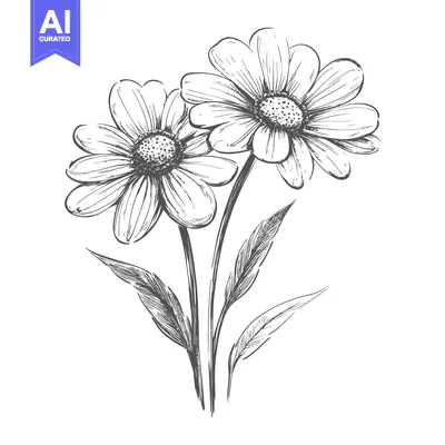 Aset desain premium: Hand-Drawn Sketch of Two Daisies with Stems and Leaves