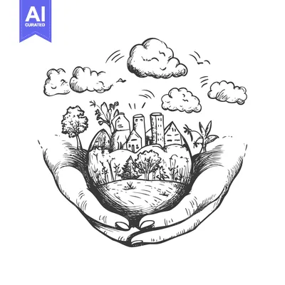 Hand-drawn Sketch of Two Hands Holding a Miniature Cityscape with Clou