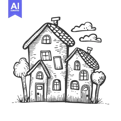 Aset desain premium: Hand-Drawn Sketch of Two Houses with Trees and Clouds