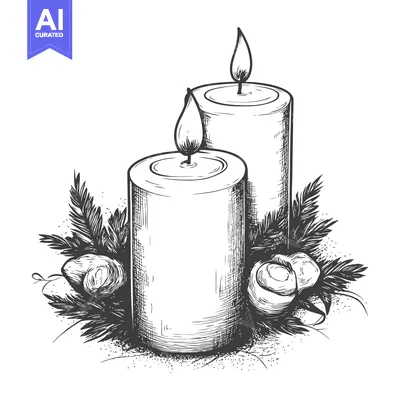 Aset premium populer: Hand-drawn Sketch of Two Lit Candles with Festive Greenery