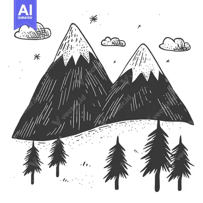 Aset premium populer: Hand-Drawn Sketch of Two Mountain Peaks with Pine Trees