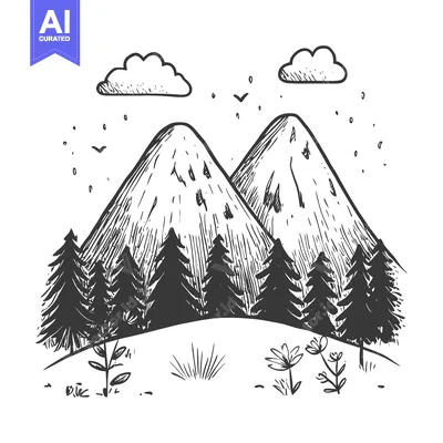 Aset desain premium: Hand-drawn Sketch of Two Mountain Peaks with Trees and Flowers