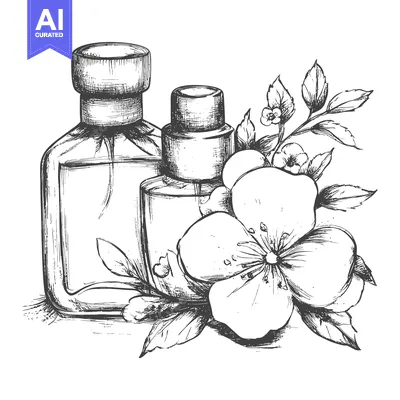 Aset premium populer: Hand-drawn sketch of two perfume bottles with floral embellishments