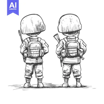 Aset desain premium: Hand-drawn sketch of two soldiers standing back to back, wearing helme