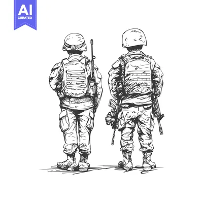 Aset desain premium: Hand-drawn sketch of two soldiers with rifles standing back-to-back