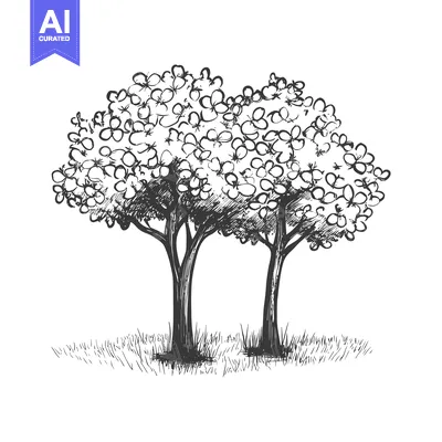 Aset premium populer: Hand-drawn sketch of two trees with dense foliage and flowers
