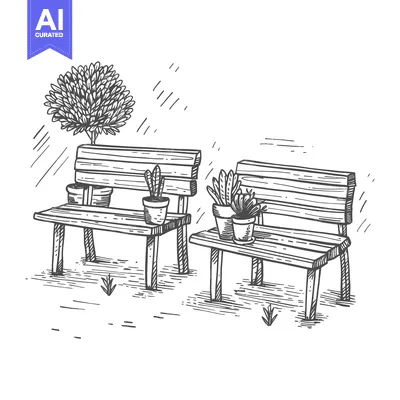 Hand-Drawn Sketch of Two Wooden Benches with Plants