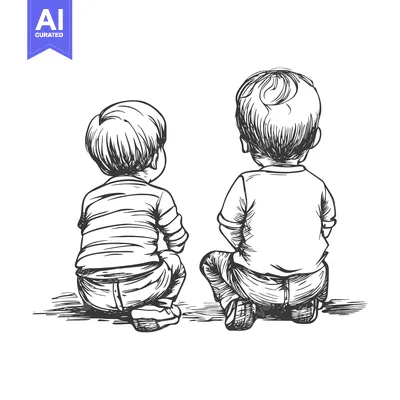 Premium design asset: Hand-drawn Sketch of Two Young Boys Sitting Back-to-Back