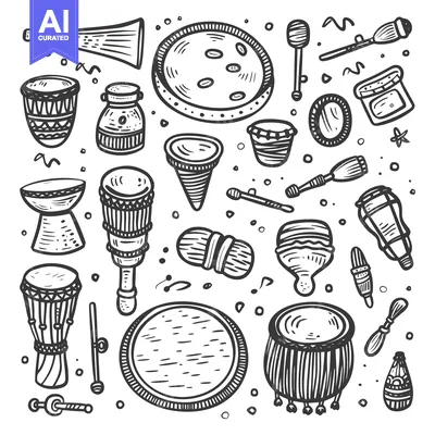 Aset desain premium: Hand-Drawn Sketch of Various African Percussion Instruments