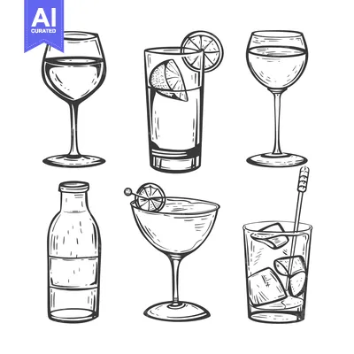 Aset desain premium: Hand-Drawn Sketch of Various Alcoholic Beverages and Cocktails