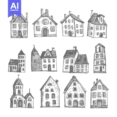 Aset desain premium: Hand-Drawn Sketch of Various Architectural Styles of Houses