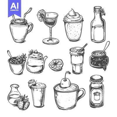 Aset desain premium: Hand-Drawn Sketch of Various Beverages and Desserts in Glassware