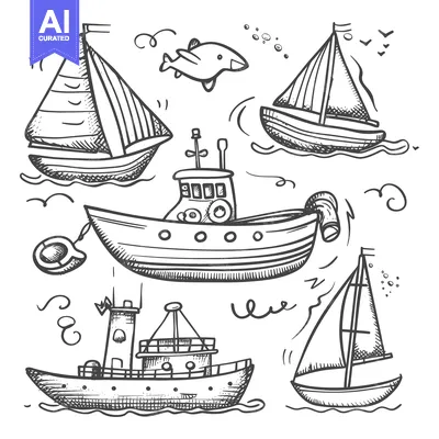 Aset premium populer: Hand-drawn Sketch of Various Boats and a Dolphin