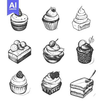 Aset premium populer: Hand-Drawn Sketch of Various Cakes and Cupcakes