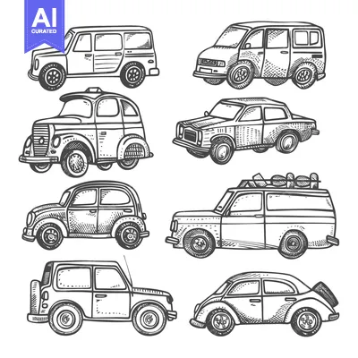 Hand-Drawn Sketch of Various Car Models in Side View