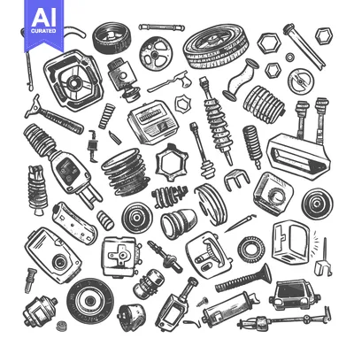 Aset desain premium: Hand-Drawn Sketch of Various Car Parts and Components