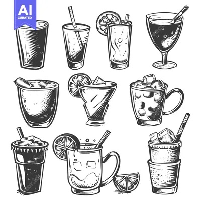 Popular premium asset: Hand-Drawn Sketch of Various Cocktails and Drinks with Straws and Ice