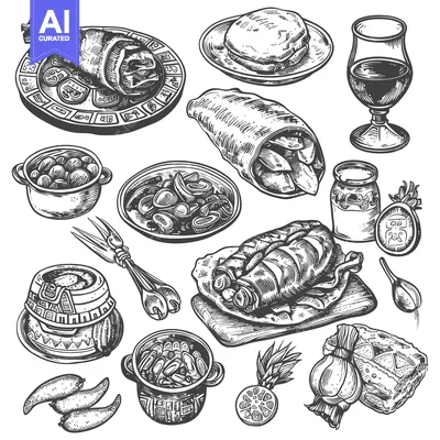 Popular premium asset: Hand-Drawn Sketch of Various Dishes and Drinks