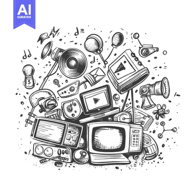 Aset desain premium: Hand-drawn sketch of various electronic devices and audio equipment