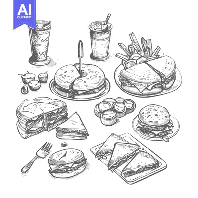 Aset desain premium: Hand-Drawn Sketch of Various Fast Food Items