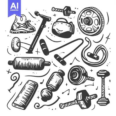 Aset desain premium: Hand-Drawn Sketch of Various Fitness Equipment and Accessories