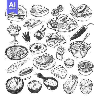 Aset premium populer: Hand-Drawn Sketch of Various Food Items