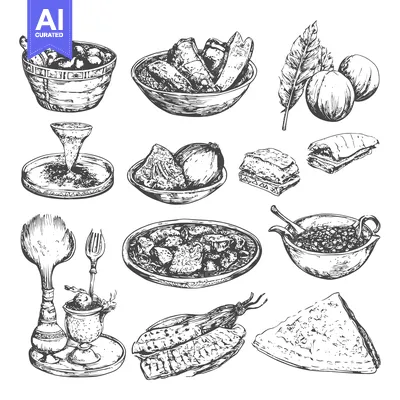 Aset desain premium: Hand Drawn Sketch of Various Foods and Dishes