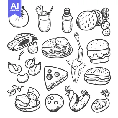 Aset premium populer: Hand-Drawn Sketch of Various Foods and Drinks