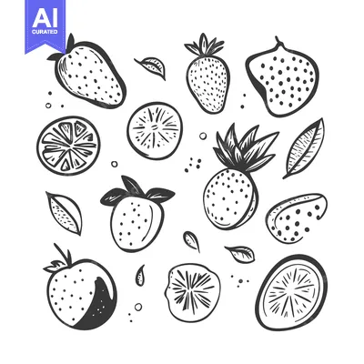 Hand-drawn sketch of various fruits and leaves
