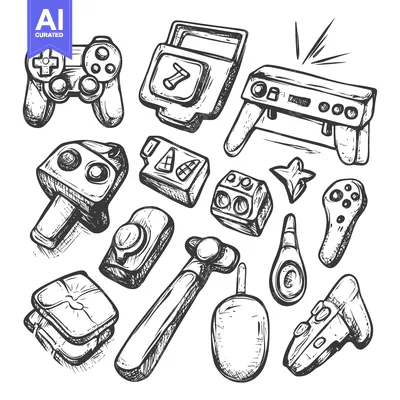 Aset desain premium: Hand-Drawn Sketch of Various Gaming Controllers
