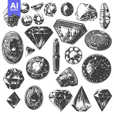 Aset desain premium: Hand-drawn Sketch of Various Gemstones, Jewels, and Ornamental Objects
