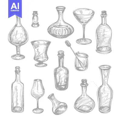 Aset desain premium: Hand-drawn sketch of various glass bottles and drinking glasses