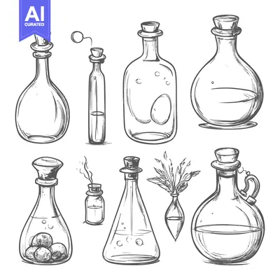 Hand-Drawn Sketch of Various Glass Bottles with Closures