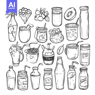Aset premium populer: Hand-Drawn Sketch of Various Glassware with Drinks and Fruits