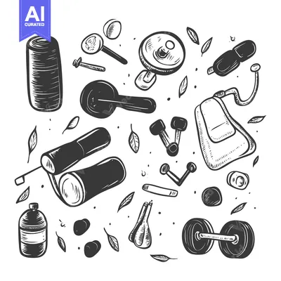 Aset premium populer: Hand-Drawn Sketch of Various Gym and Fitness Equipment
