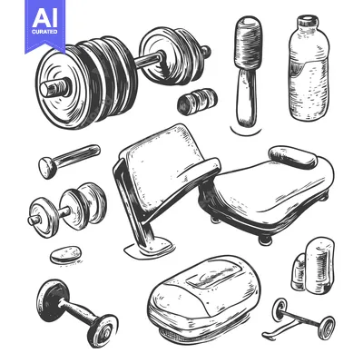 Aset desain premium: Hand-drawn Sketch of Various Gym Equipment and Accessories